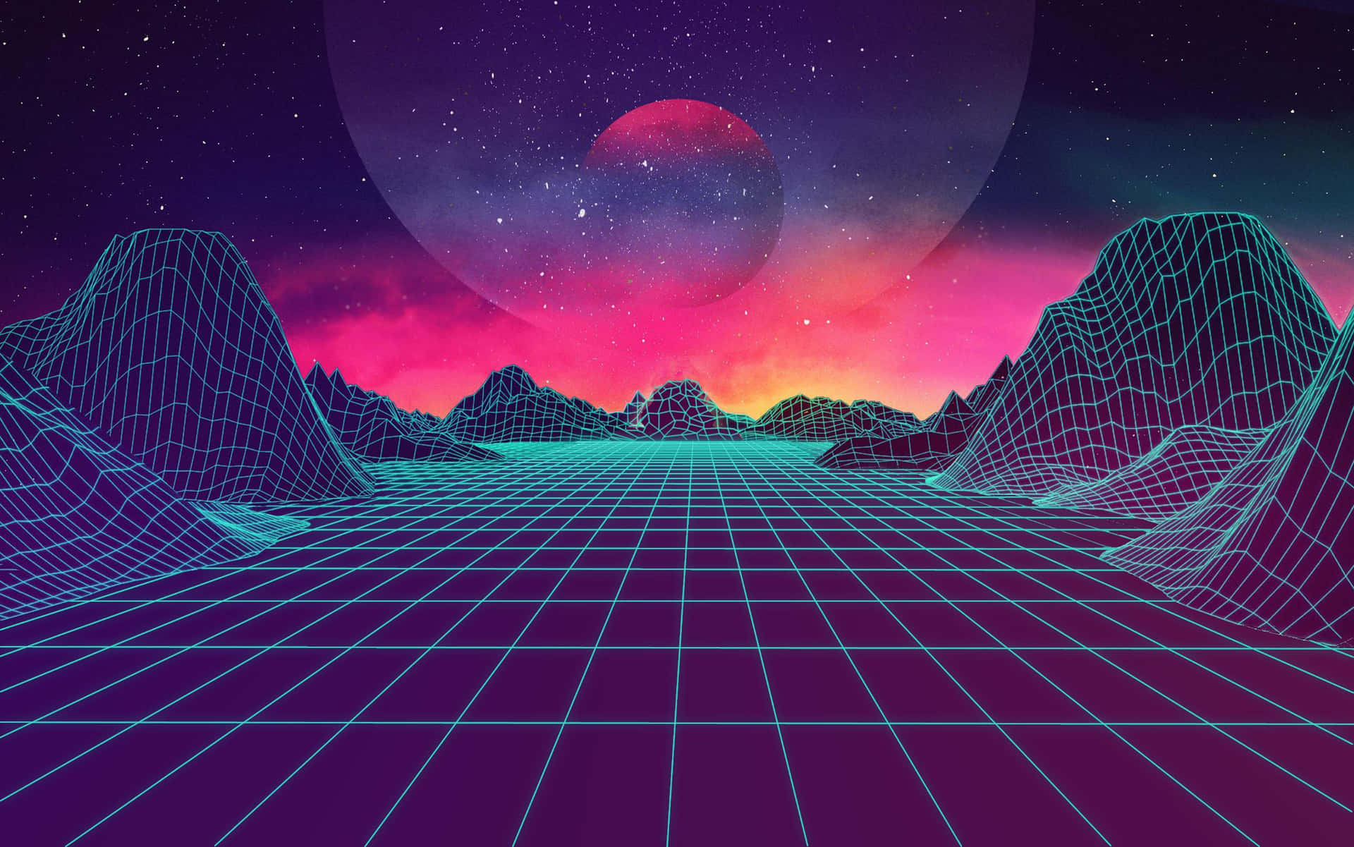 Um mundo 3D com montanhas aos lados em visual retrô e futurista
